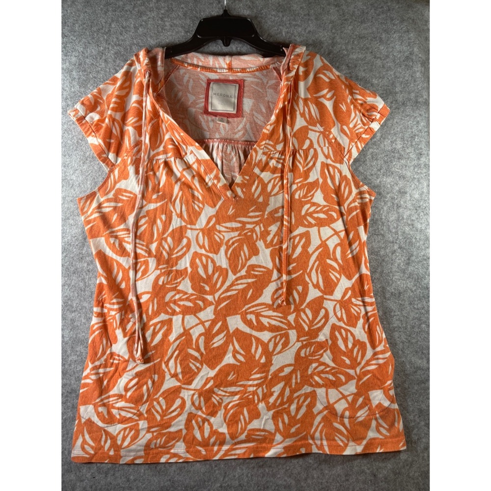Merona Orange Tropical Leaf Print Hooded Short Sleeve Top XL V-Neck Pockets